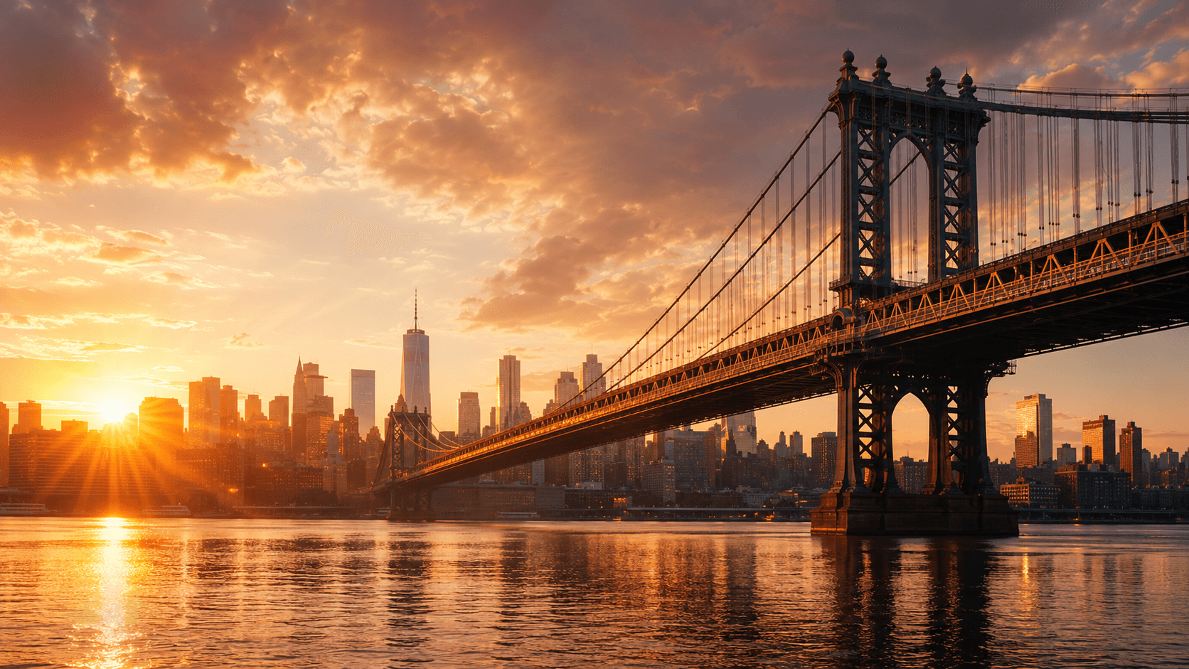 Manhattan skyline and bridge at sunset